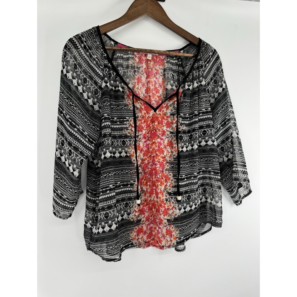 Artsy Indie‎ Ladies Sheer Top Multicolor Flowers Boho Cover Up Cottage Spring L